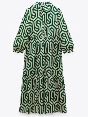 Zara Geometric Green and Cream Maxi Dress XXL